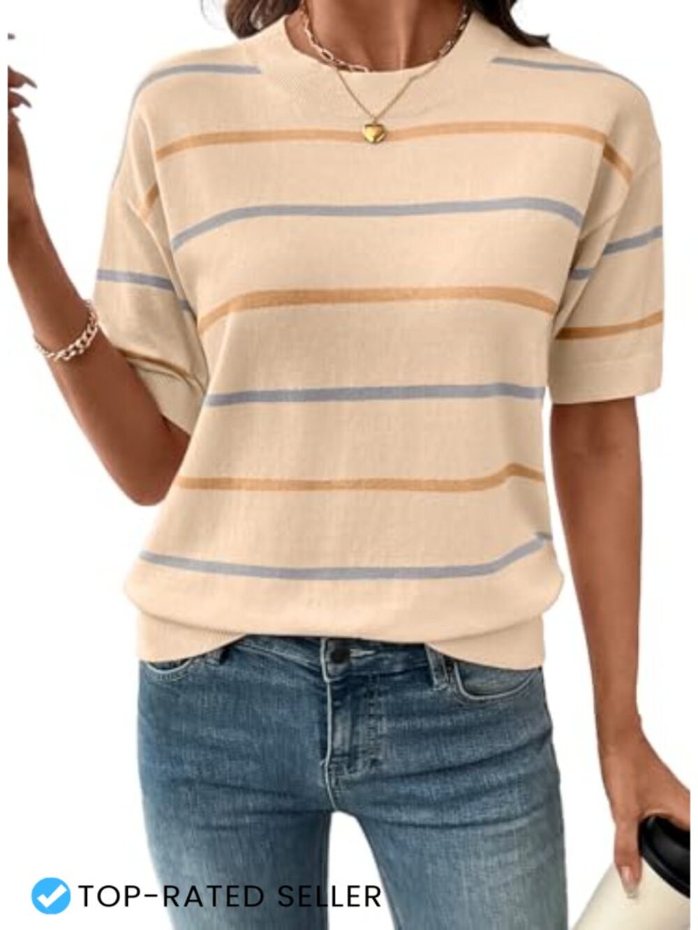 Womens Short Sleeve Crewneck Striped Knit Sweater Pullover Lightweight Blouse